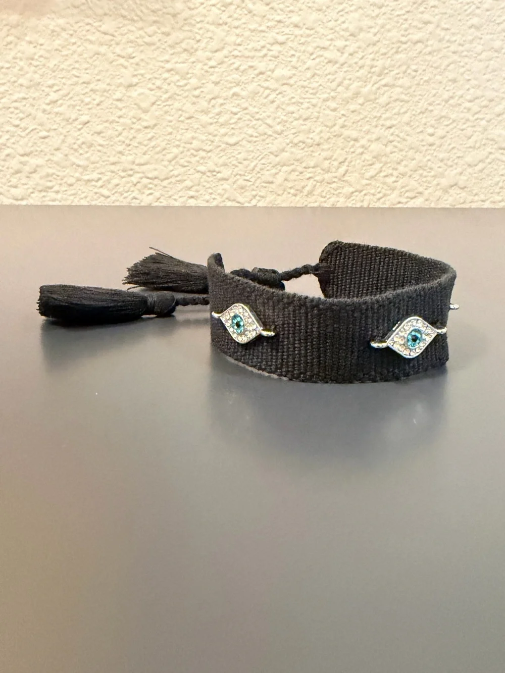 Black Woven Tassel Rhinestone Evil Eye Friendship Bracelet NEW